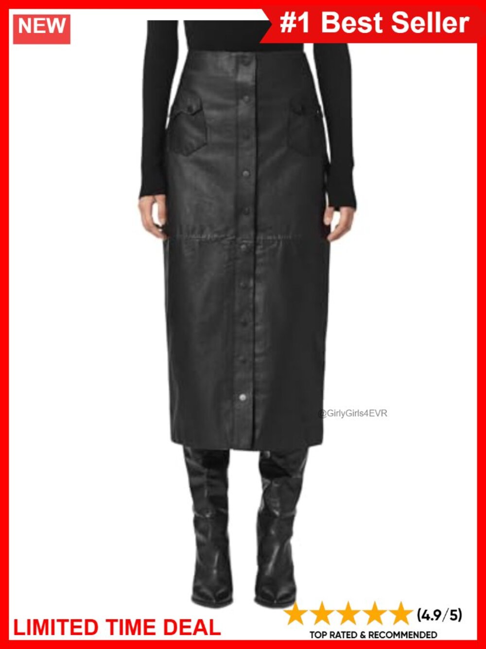 100% Leather Rock Midi Skirt for Work & Evening
